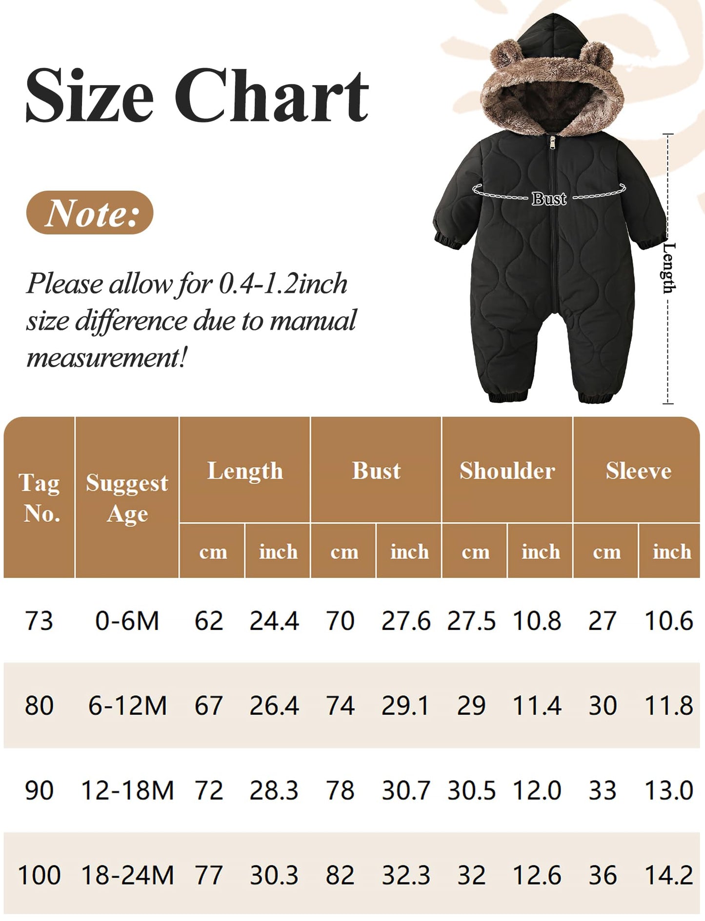 NEAWEALY Baby Winter Overall Mädchen Jungen Schneeanzüge Neugeborene Fleece Gefüttert Strampler Warmer Jumpsuit mit Kapuze