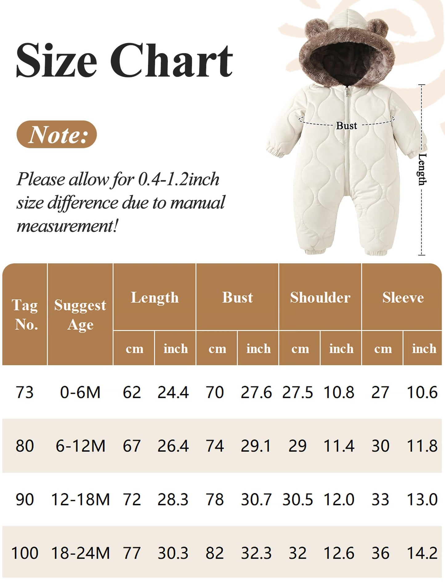 NEAWEALY Baby Winter Overall Mädchen Jungen Schneeanzüge Neugeborene Fleece Gefüttert Strampler Warmer Jumpsuit mit Kapuze
