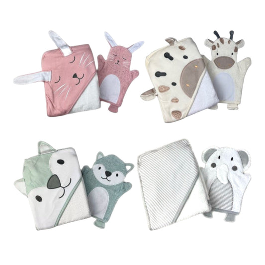 2er Pack Baby Badeset » Kinder Kapuzen Badetuch & Waschhandschuh Frottee » reine Baumwolle » Wasch Handschuh & Handtuch